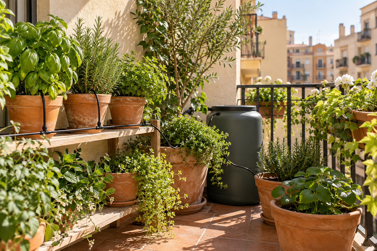 Macetas con hierbas y plantas en un balcón urbano soleado
